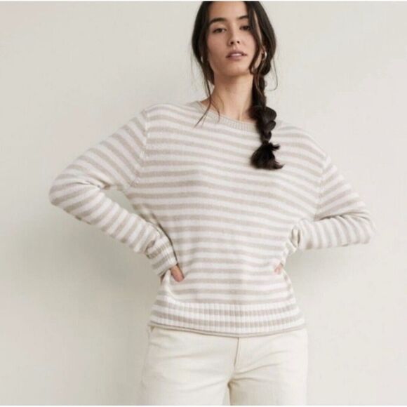 Jenni Kayne Everyday Wool Cashmere Blend Sweater in Stripe Ivory Oatmeal Size XL - Picture 1 of 5